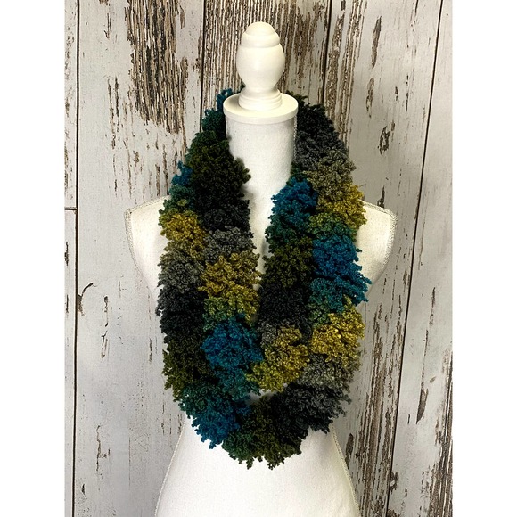 None Accessories - Gray/Green/Teal PomPom Infinity Scarf